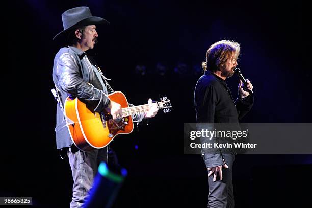 Musicians Kix Brooks and Ronnie Dunn of Brooks & Dunn perform during day 2 of Stagecoach: California's Country Music Festival 2010 held at The Empire...