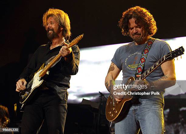 Musicians Kix Brooks and Ronnie Dunn of Brooks & Dunn perform during day 2 of Stagecoach: California's Country Music Festival 2010 held at The Empire...