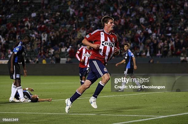 Justin Braun of Chivas USA celebrates after his second half goal against the San Jose Earthquakes during their MLS match at the Home Depot Center on...