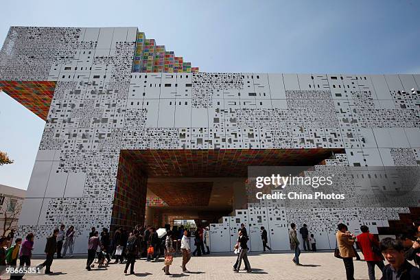 Visitors line up to enter the South Korea Pavilion is seen at the site of Shanghai 2010 World Expo on April 24, 2010 in Shanghai, China. The World...