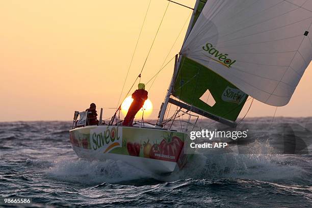 French skipper Romain Attanasio and his team mate UK' Samantha Davies sail on their "Saveol" monohull on April 26, 2010 during the AG2R sailing race...