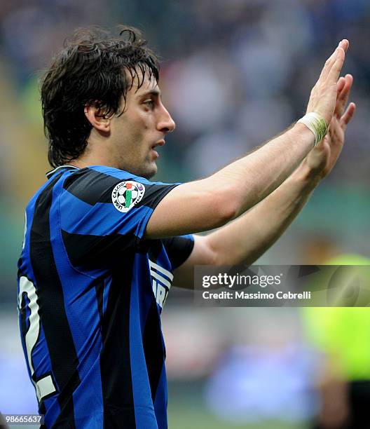 Diego Milito of FC Internazionale Milano celebrates scoring his team's first goal during the Serie A match between FC Internazionale Milano and...