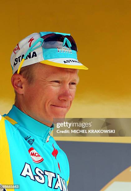 Russian Alexander Vinokourov of team Astana arrives for the start of the 96th edition of the one day cycling race Liege-Bastogne-Liege, 258 km from...