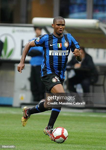 Samuel Eto'o Fils of FC Internazionale Milano in action during the Serie A match between FC Internazionale Milano and Atalanta BC at Stadio Giuseppe...