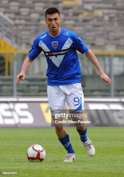 Andrea Caracciolo of Brescia in action during the Serie B match between Brescia Calcio and Reggina Calcio at Mario Rigamonti Stadium on April 24,...