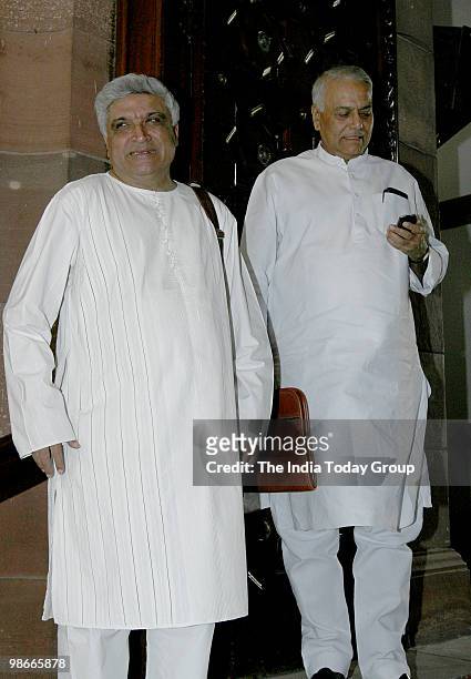 Javed Akhtar with Yashwant Sinha attends Parliament on Friday, April 23, 2010.