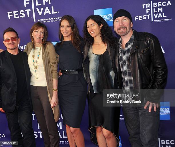 Bono,Tribeca Film Festival co-founder Jane Rosenthal, Christy Turlington Burns, Morleigh Steinberg and musician The Edge attend the "No Woman No Cry"...