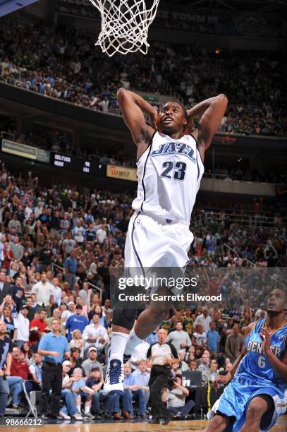 Wesley Matthews of the Utah Jazz attempts a dunk over Arron Afflalo of the Denver Nuggets in Game Four of the Western Conference Quarterfinals during...