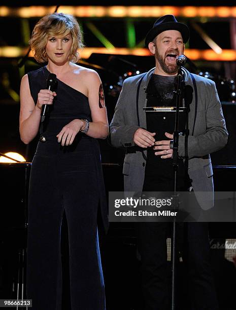 Jennifer Nettles and Kristian Bush of the band Sugarland speak during the "Brooks & Dunn - The Last Rodeo" show presented by the Academy of Country...