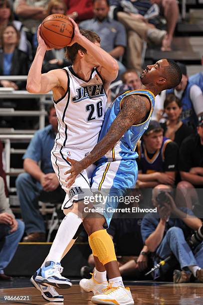 Smith of the Denver Nuggets defends against Kyle Korver of the Utah Jazz in Game Four of the Western Conference Quarterfinals during the 2010 NBA...