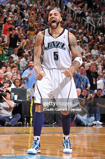 Carlos Boozer of the Utah Jazz celebrates during the game against the Denver Nuggets in Game Four of the Western Conference Quarterfinals during the...