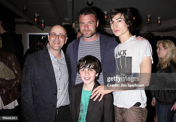 Richard Levine, Liev Schreiber, Skyler Fortgang, and Ezra Miller attend the "Every Day" premiere after party during the 9th Annual Tribeca Film...