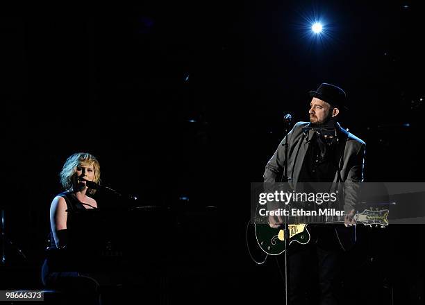 Jennifer Nettles and Kristian Bush of the band Sugarland perform during the "Brooks & Dunn - The Last Rodeo" show presented by the Academy of Country...