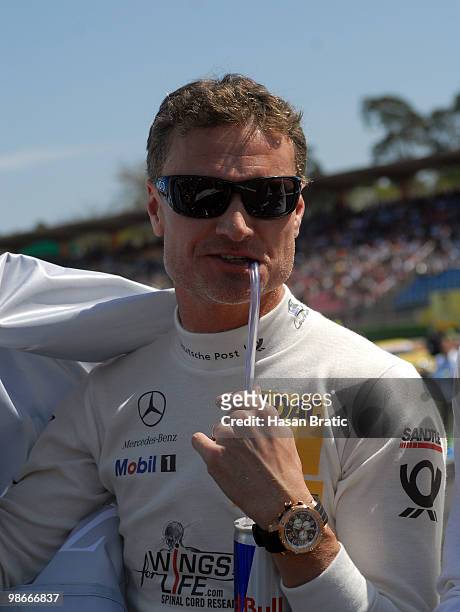 Mercedes driver David Coulthard of Scotland seen before the race of the DTM 2010 German Touring Car Championship on April 25, 2010 in Hockenheim,...