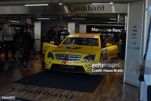 Mercedes driver David Coulthard of Scotland seen in his car before the race of the DTM 2010 German Touring Car Championship on April 25, 2010 in...