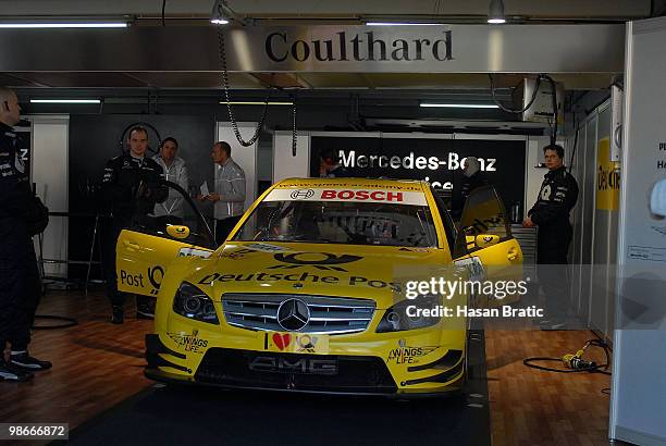 Mercedes driver David Coulthard of Scotland seen in his car before the race of the DTM 2010 German Touring Car Championship on April 25, 2010 in...