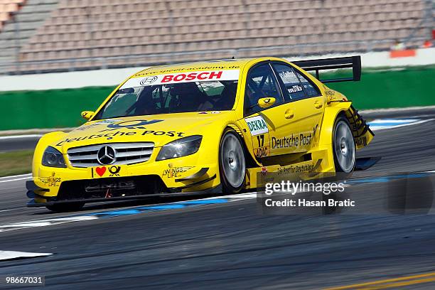 Mercedes driver David Coulthard of Scotland steers his car during the race of the DTM 2010 German Touring Car Championship on April 25, 2010 in...