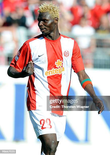 Aristide Bance of Mainz gestures during the Bundesliga match between FSV Mainz 05 and Eintracht Frankfurt at Bruchweg Stadium on April 24, 2010 in...