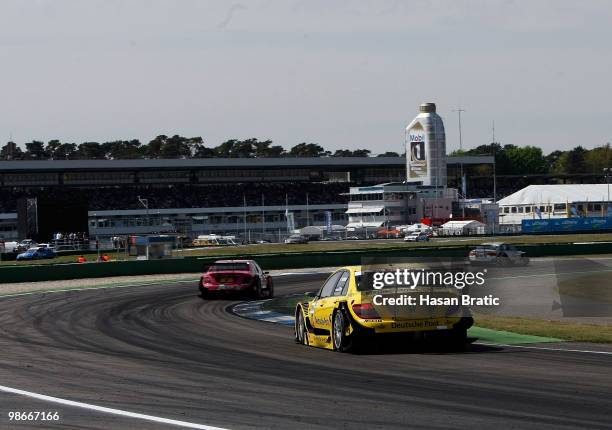 Mercedes driver David Coulthard of Scotland steers his car during the race of the DTM 2010 German Touring Car Championship on April 25, 2010 in...