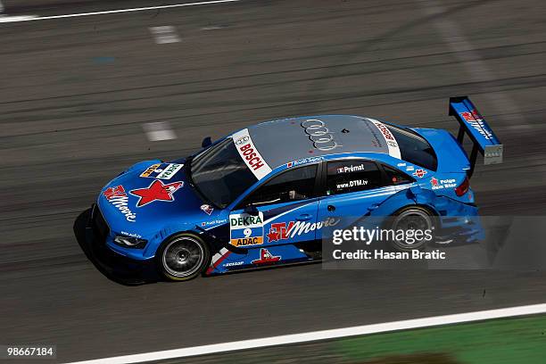 Audi driver Alexandre Prémat of France steers his car during the warm up of the DTM 2010 German Touring Car Championship on April 25, 2010 in...