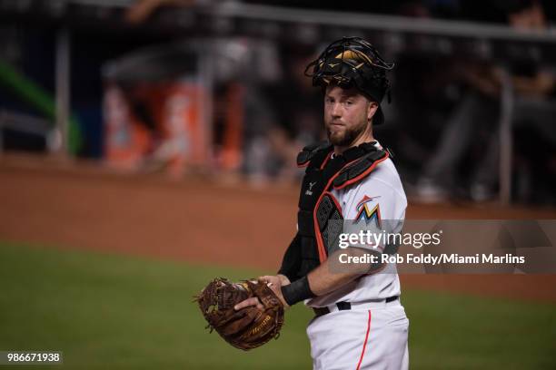 Bryan Holaday of the Miami Marlins looks on during the game against the Arizona Diamondbacks at Marlins Park on June 28, 2018 in Miami, Florida.