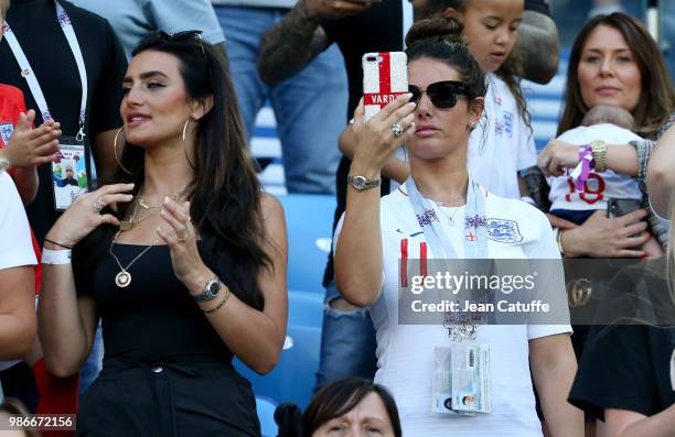 Annie Kilner, girlfriend of Kyle Walker of England, Rebekah Vardy, wife of Jamie Vardy during the 2018 FIFA World Cup Russia group G match between...