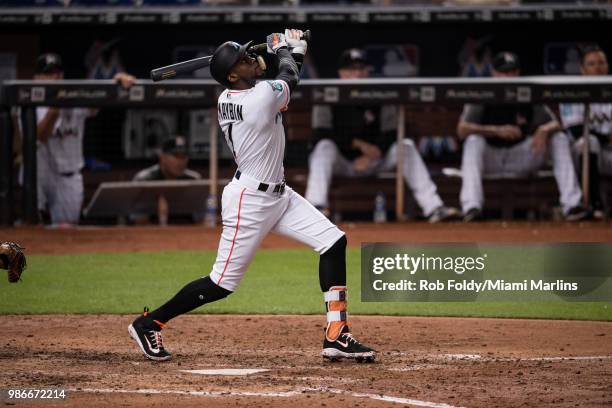 Cameron Maybin of the Miami Marlins at bat during the game against the Arizona Diamondbacks at Marlins Park on June 27, 2018 in Miami, Florida.