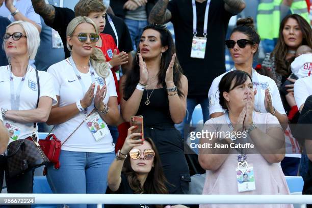 Annabel Peyton, fiancee of Jack Butland of England, Annie Kilner, girlfriend of Kyle Walker, Rebekah Vardy, wife of Jamie Vardy during the 2018 FIFA...