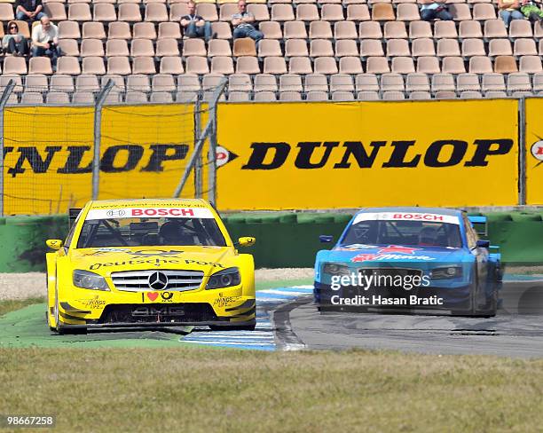 Mercedes driver David Coulthard of Scotland steers his car during the race of the DTM 2010 German Touring Car Championship on April 25, 2010 in...