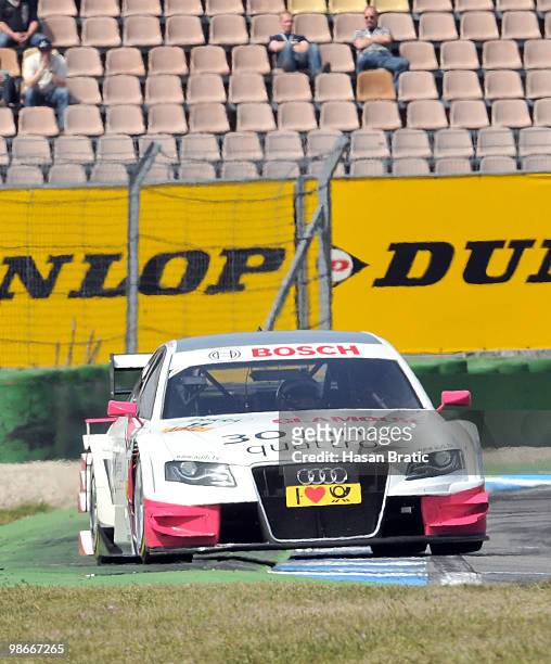 Audi driver Katherine Legge of Great Britain steers her car during the race of the DTM 2010 German Touring Car Championship on April 25, 2010 in...