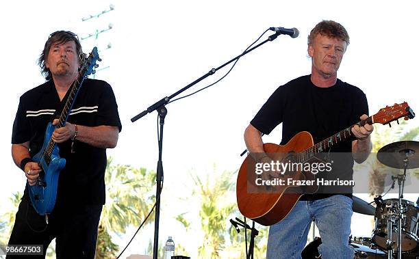 Musicians Jock Bartley and Steven Weinmeister of Firefall pose backstage during day 2 of Stagecoach: California's Country Music Festival 2010 held at...