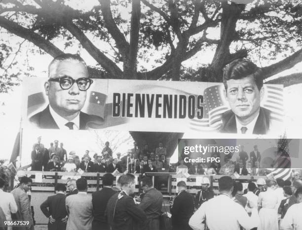 President John F. Kennedy and First Lady Jacqueline Kennedy at an official meeting with Venezuelan President Romulo Betancourt at La Morita,...