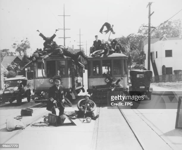 Police Chief Teeheezel, played by American actor Ford Sterling in a scene of traffic chaos from one of Mack Sennett's 'Keystone Kops' series of...