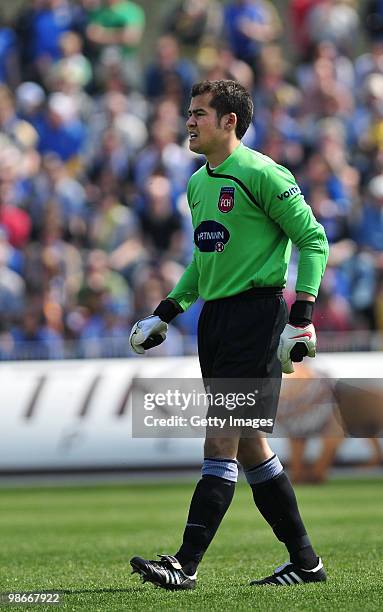 Goalkeeper Denis Baum of 1. FC Heidenheim during the Third League match between Carl Zeiss Jena and 1.FC Heidenheim at the Ernst-Abbe Sportfeld on...