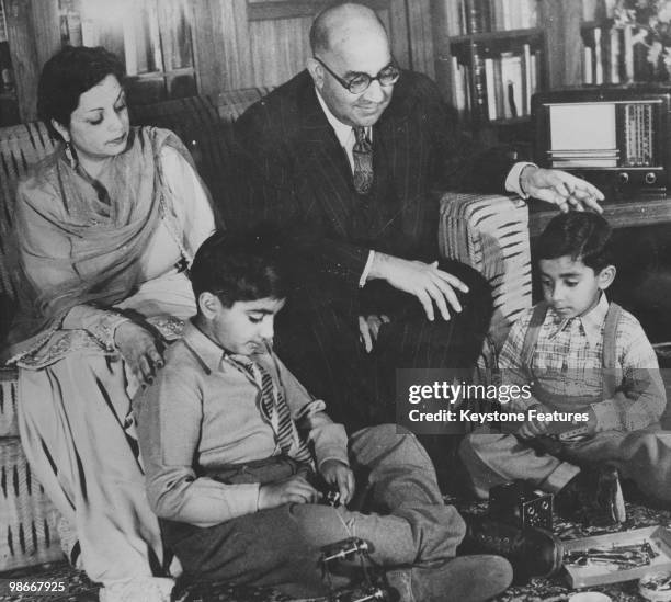 Indian Minister of Finance Liaquat Ali Khan at home with his wife Ra'ana Liaquat Ali Khan and their sons, Ashraf and Akbar, June 1947. After the...