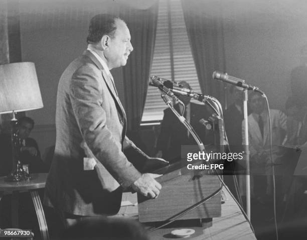 Former general and second President of Pakistan Ayub Khan , at a press conference during a visit to the U.S.A, 20th July 1961.