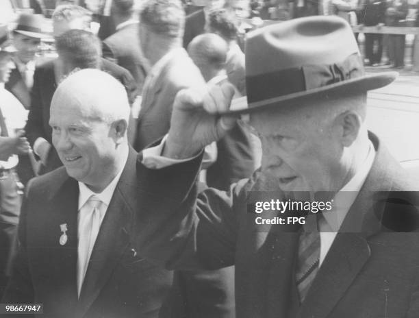 President Dwight D. Eisenhower with Soviet Premier Nikita Khrushchev at the White House, Washington D.C., 22nd September 1959. Khrushchev is on a...