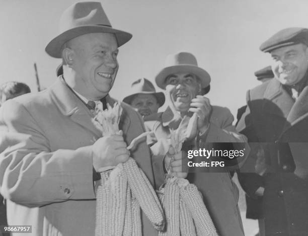 Soviet Premier Nikita Khrushchev visits the Stalin Collective Farm in Nevinnomyssk, Stavropol Krai, former Soviet Union, 1958. He is holding corn...