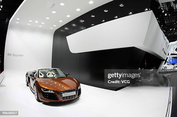 An Audi R8 is on display at the Beijing Auto Show on April 23, 2010 in Beijing of China. Major global automakers plan to unveil dozens of new models...