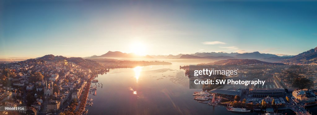 Dramatic sunrise photo of Lucerne city