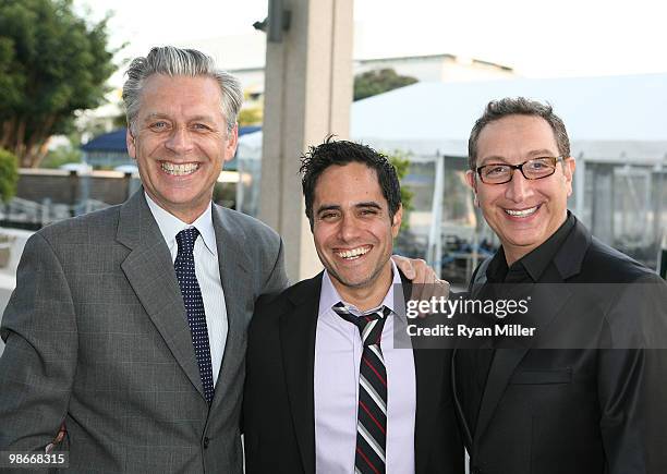 April 25: CTG Artistic Director Michael Ritchie, playwright Rajiv Joseph and director Moises Kaufman pose during the arrivals for the opening night...