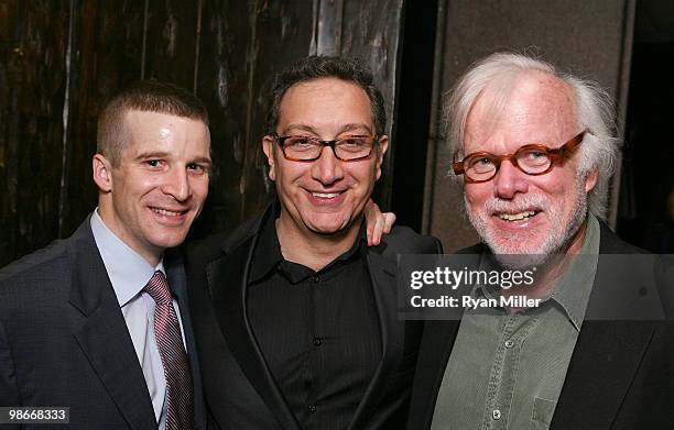 April 25: Cast member Brad Fleischer, Director Moises Kaufman and cast member Kevin Tighe pose during the party for the opening night performance of...