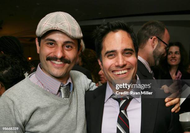 April 25: Cast member Arian Moayed and Playwright Rajiv Joseph pose during the party for the opening night performance of "Bengal Tiger at the...