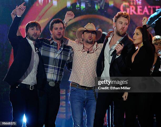 Recording artists Dave Haywood, Luke Bryan, Jason Aldean, Charles Kelley and Hillary Scott perform during the "Brooks & Dunn - The Last Rodeo" show...