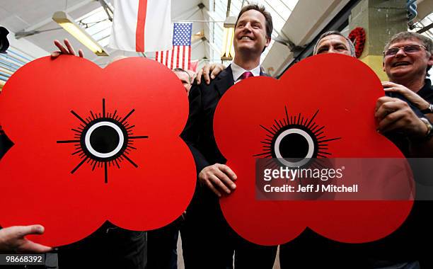 Liberal Democrat Leader Nick Clegg visits the Lady Haig Poppy Factory on April 26, 2010 in Edinburgh, Scotland. The General Election, to be held on...