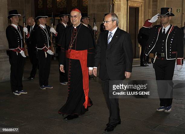 President of the Catalunya Generalitat regional government Jose Montilla welcomes Vatican Secretary of State Cardinal Tarcisio Bertone on April 26,...