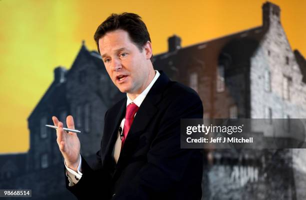 Liberal Democrat Leader Nick Clegg holds a General Election press conference in Dynamic Earth on AprilL 26, 2010 in Edinburgh, Scotland. The General...