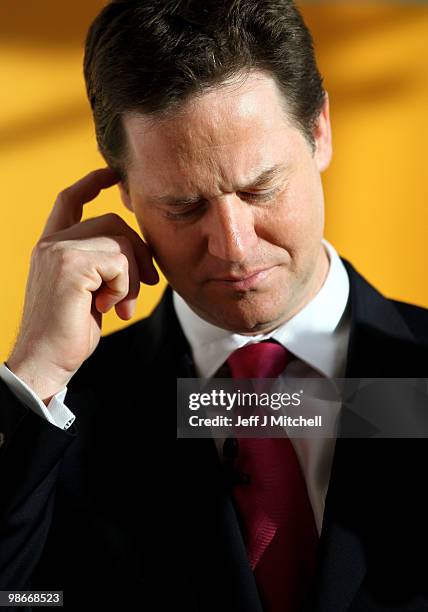 Liberal Democrat Leader Nick Clegg holds a General Election press conference in Dynamic Earth on AprilL 26, 2010 in Edinburgh, Scotland. The General...