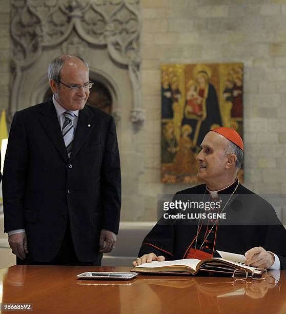 President of the Catalunya Generalitat regional government Jose Montilla speaks with Vatican Secretary of State Cardinal Tarcisio Bertone on April...