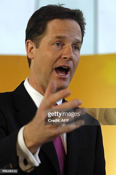 British opposition Liberal Democrat leader, Nick Clegg, gestures during a press conference while on an election campaign visit to Edinburgh, Scotland...